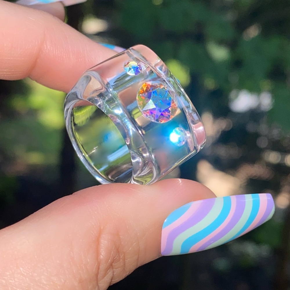 Clear Acrylic Lucite Cube Ring With Aurora Borealis Swarovski Crystal Rhinestone